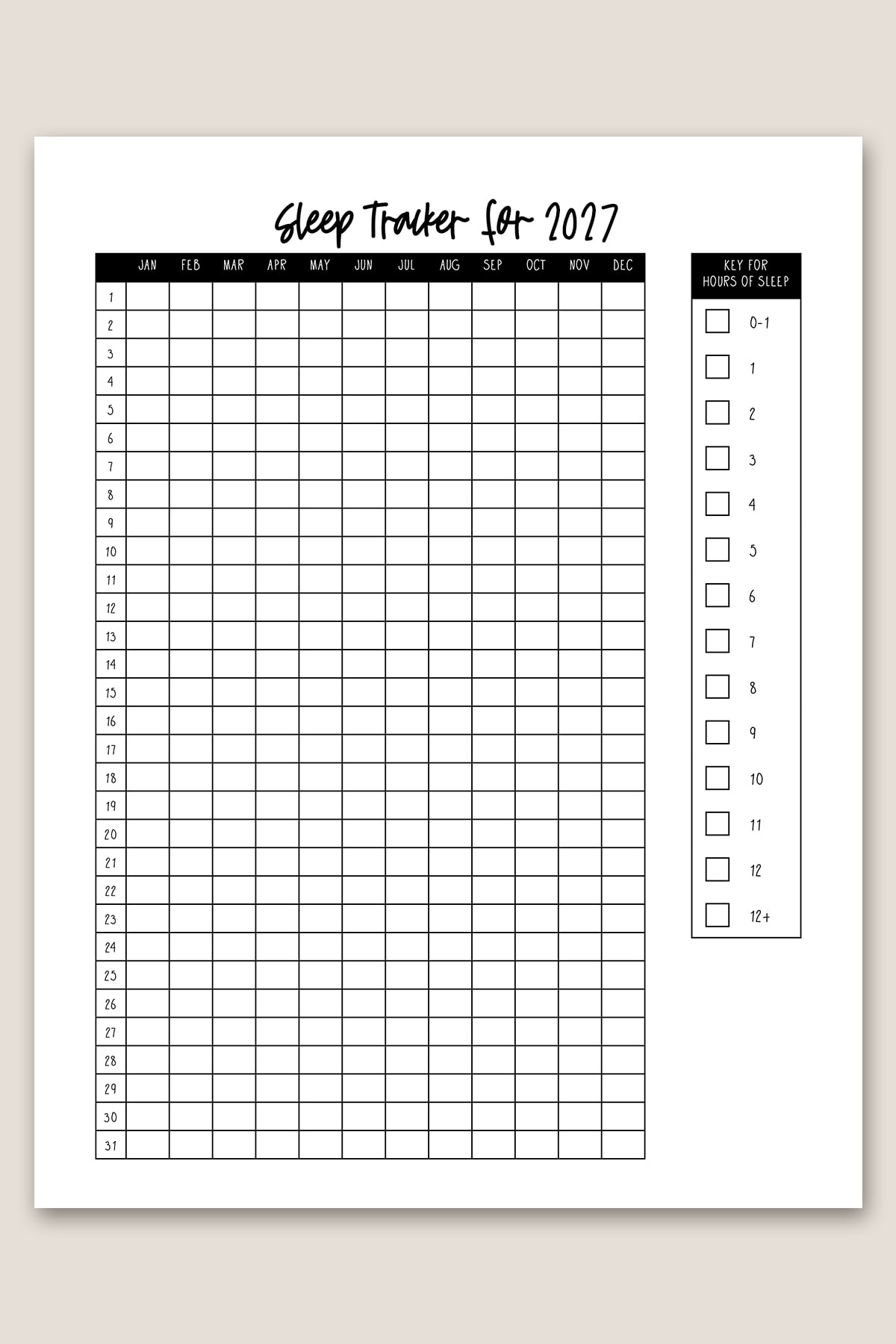 This image shows the sleep tracker printable you can get for free at the end of this blog post. This is showing the yearly version of the sleep log.