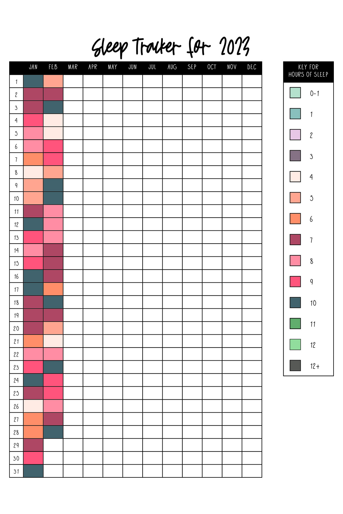 This image shows the sleep tracker printable you can get for free at the end of this blog post. This is showing the yearly version of the sleep log.