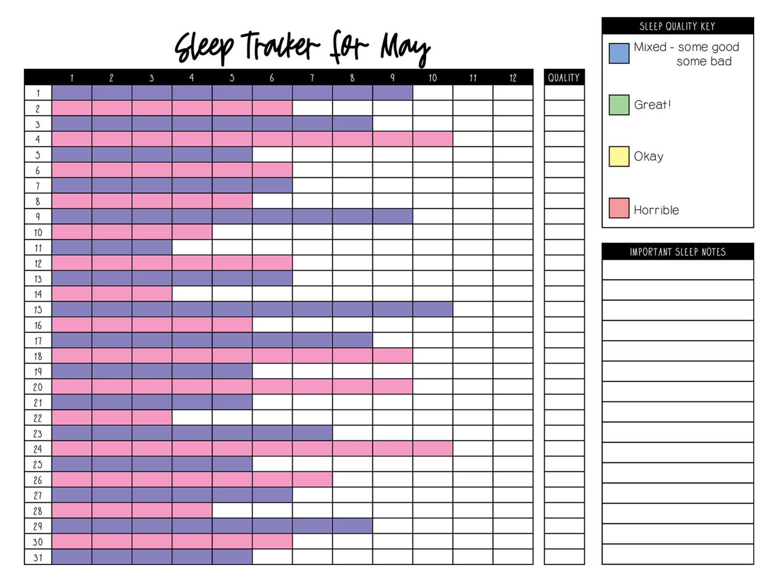 This is an image that shows the monthly version of the sleep tracker printable.