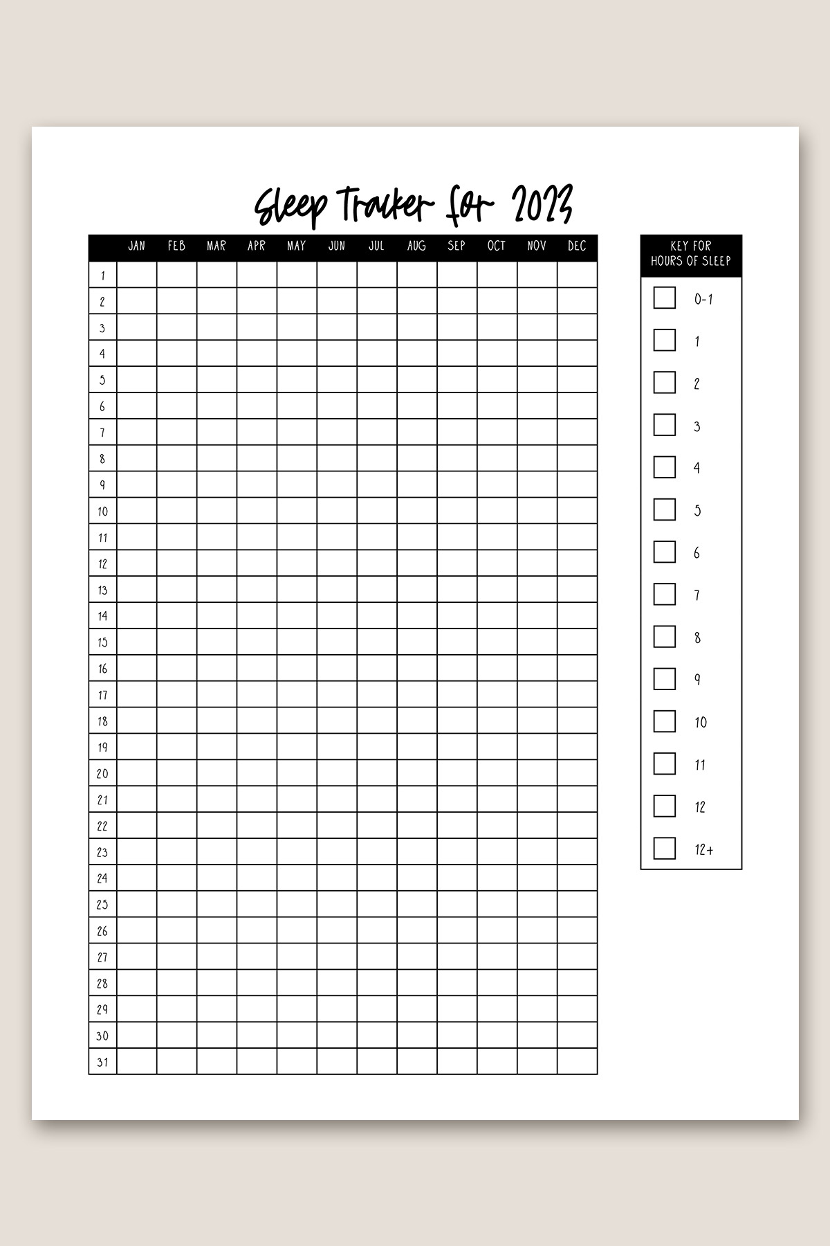 This image shows the sleep tracker printable you can get for free at the end of this blog post. This is showing the yearly version of the sleep log.