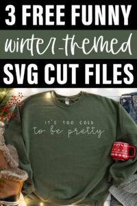 At the top it says 3 funny free winter-themed SVG cut files. Below that is a sweatshirt with “It’s too cold to be pretty” printed on it.