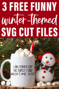 At the top it says 3 funny free winter-themed SVG cut files. Below that is a mug with “I am sorry for the things I said when I was cold” printed on it.