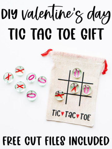 At the top it says DIY Valentine's Day tic tac toe gift. At the bottom it says free cut files included. This image is showing the Valentine tic tac toe SVG you can get for free in this blog post. It is being showed on a small brown canvas bag and with small little clear gems that say x and on on them. There is also a name on the front it says Jack. The back shows a tic tac toe board with the words tic tac toe at the bottom.