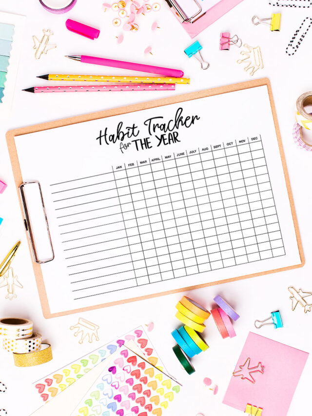 This image shows a yearly Habit tracker on a clipboard surrounded by office supplies.