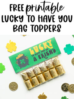 This image shows a completed free lucky to have you gift. It says on it, lucky to have you as a friend. It is attached to a bag filled with Hershey's Nuggets. It is surrounded by plastic gold coins and four leaf clover cut outs. At the top it says free printable lucky to have you bag toppers.