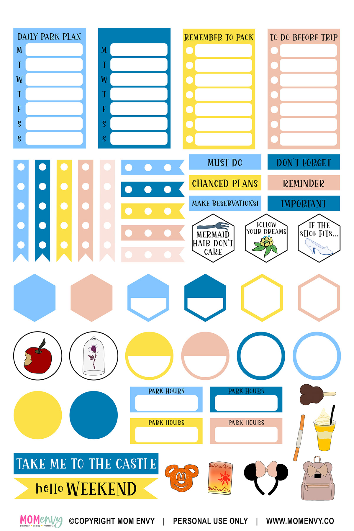 This image shows some of the free theme park planner stickers you can get at the end of this blog post. They are Disney World castle inspired in colors and design.