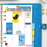 This image shows some of the free theme park planner stickers in a blue cover planner that you can get at the end of this blog post. They are Disney World castle inspired in colors and design.