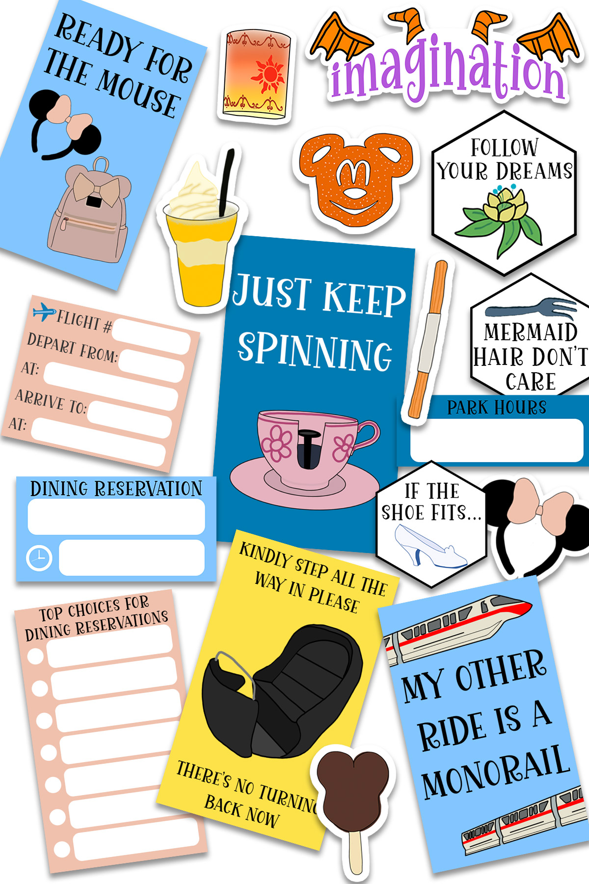 This image shows some of the free theme park planner stickers you can get at the end of this blog post. They are Disney World castle inspired in colors and design.