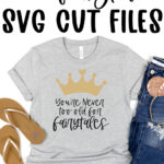 This image says free fairytale svg cut files at the top. Below that is a shirt that says you're never too old for fairytales.