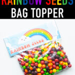 At the top it says free printable rainbow seeds bag topper. Below that, the image shows a bag of skittles with a bag topper that says rainbow seeds on it with a picture of a rainbow.