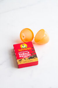 This image shows a plastic easter egg filled with non candy item of raisins.