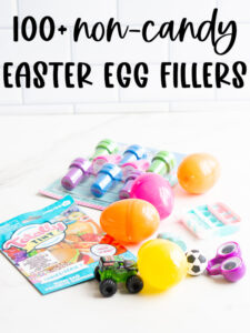 At the top it says 100+ non-candy Easter egg fillers. Below that is an image of plastic eggs and some non candy fillers including a mini monster truck, googly eye finger ring, erasers, stampers, pop it, and a set of mini food items.