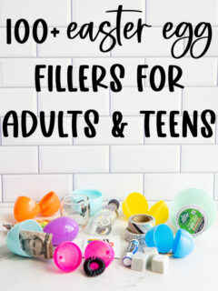 At the top it says 100+ Easter egg fillers for adults & teens. Below that is an image that shows items that can fit into an Easter egg for adults, this one shows a bunch of plastic eggs and money, hair tie, whiskey rocks, chapstick, coffee pod, granola bar, shot class, washi tape, and mini liquor bottle.
