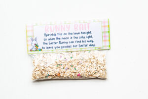 This image shows a completed bag of bunny bait with the free bunny bait printable tag on.