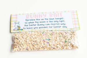 This image shows a completed bag of bunny bait with the free bunny bait printable tag on.