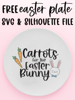 At the top it says Free Easter plate SVG & Silhouette file. At the bottom is an image of a round white plate with the free Carrots for the Easter bunny SVG file on it on it.