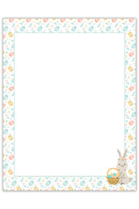 This is an image of one of the free Easter bunny note printables you can download in this post. It shows the note that is blank with a Easter egg border and an Easter bunny drawing in the bottom right corner.