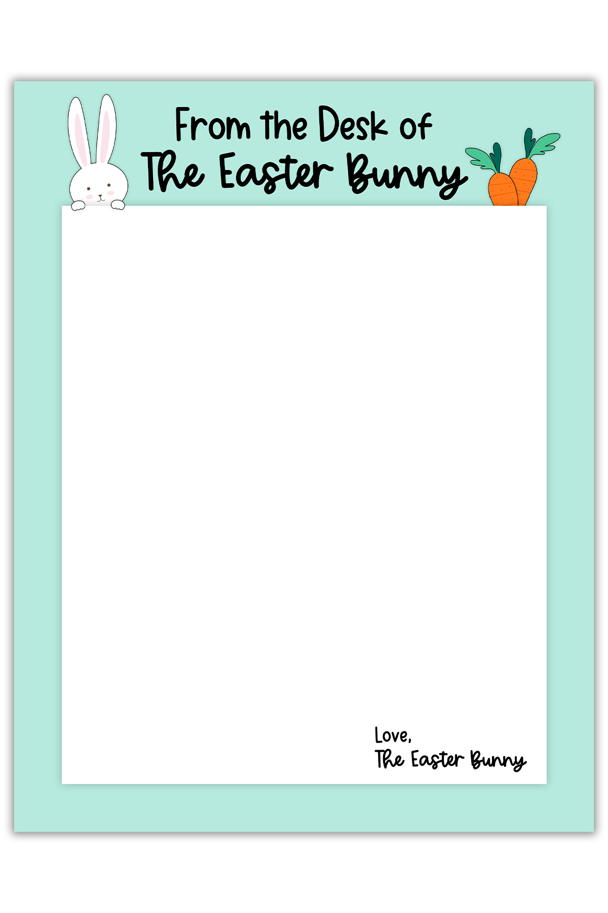 This is an image of one of the free Easter bunny note printables you can download in this post. It shows the note with the words From the Desk of the Easter Bunny at the top.