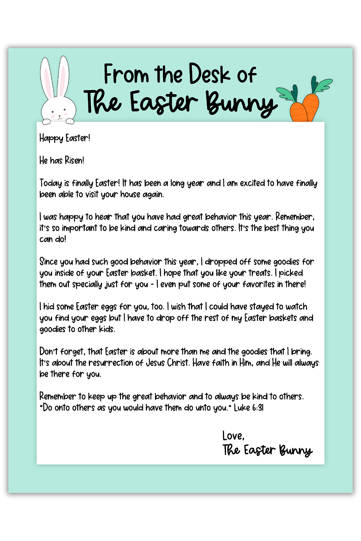 This is an image of one of the free Easter bunny note printables you can download in this post. It shows the note with the words From the Desk of the Easter Bunny at the top and a sample letter from the Easter Bunny.