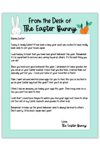 This is an image of one of the free Easter bunny note printables you can download in this post. It shows the note with the words From the Desk of the Easter Bunny at the top and a sample letter from the Easter Bunny.