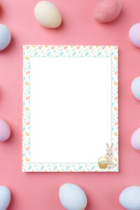 This is an image of one of the free Easter bunny note printables you can download in this post. It shows the note that is blank with a Easter egg border and an Easter bunny drawing in the bottom right corner. The letter is surrounded by colored eggs.