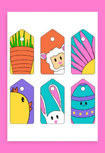 This image shows the 6 free cute printable Easter gift tags you can download at the end of this post. They are in bright, bold colors. There is a carrot, lamb, flower, chick, bunny, and Easter egg.