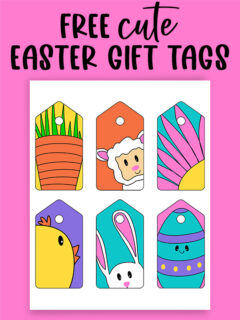 At the top it says free cute Easter gift tags. The image below shows the 6 free cute printable Easter gift tags you can download at the end of this post. They are in bright, bold colors. There is a carrot, lamb, flower, chick, bunny, and Easter egg.