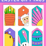 At the top it says free printable Easter gift tags. The image below shows the 6 free cute printable Easter gift tags you can download at the end of this post. They are in bright, bold colors. There is a carrot, lamb, flower, chick, bunny, and Easter egg.At the bottom it says Silhouette cut file included.