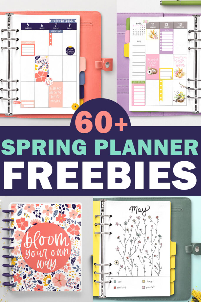 In the middle it says 60+ spring planner freebies. Above and below that are images of some of the freebies from the list.