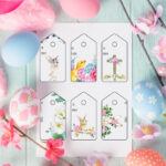 This image shows the 6 free pretty printable Easter gift tags you can download at the end of this post. They are in in a traditional pale color scheme. Each design is different - there are Easter bunny rabbits, a cross, a chick, and lots of florals. The tags are surrounded by ribbon, flowers, and Easter eggs.