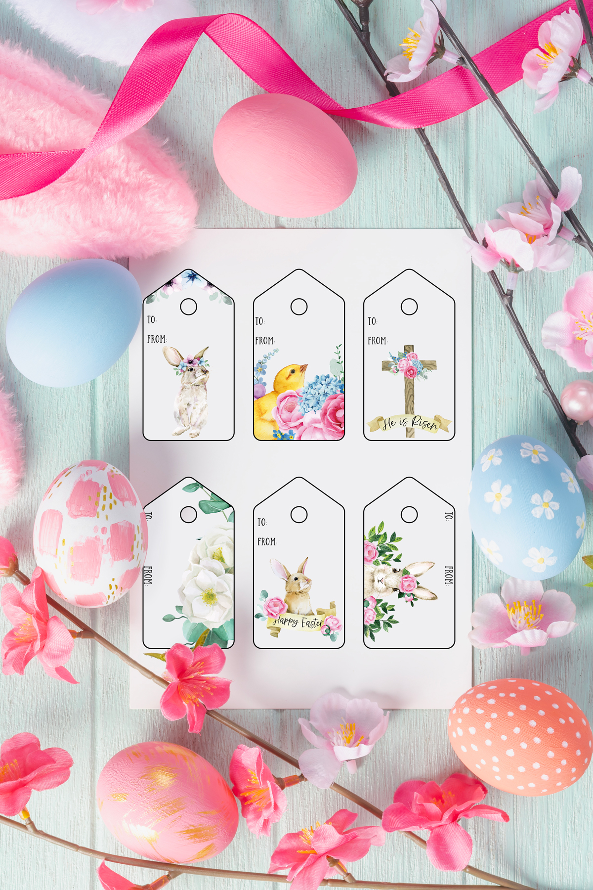 This image shows the 6 free pretty printable Easter gift tags you can download at the end of this post. They are in in a traditional pale color scheme. Each design is different - there are Easter bunny rabbits, a cross, a chick, and lots of florals. The tags are surrounded by ribbon, flowers, and Easter eggs.