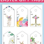 At the top it says free printable Easter gift tags. Below that, the image shows the 6 free pretty printable Easter gift tags you can download at the end of this post. They are in in a traditional pale color scheme. Each design is different - there are Easter bunny rabbits, a cross, a chick, and lots of florals.