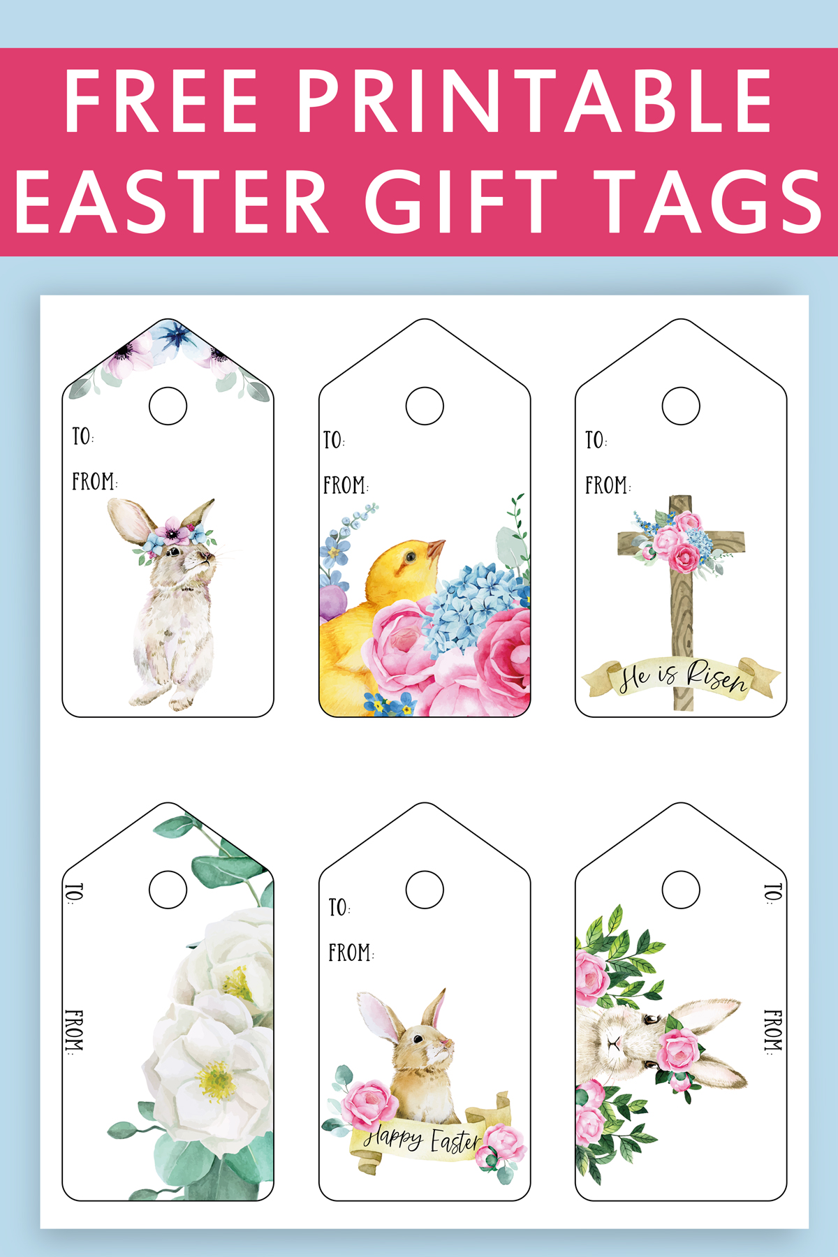 At the top it says free printable Easter gift tags. Below that, the image shows the 6 free pretty printable Easter gift tags you can download at the end of this post. They are in in a traditional pale color scheme. Each design is different - there are Easter bunny rabbits, a cross, a chick, and lots of florals.