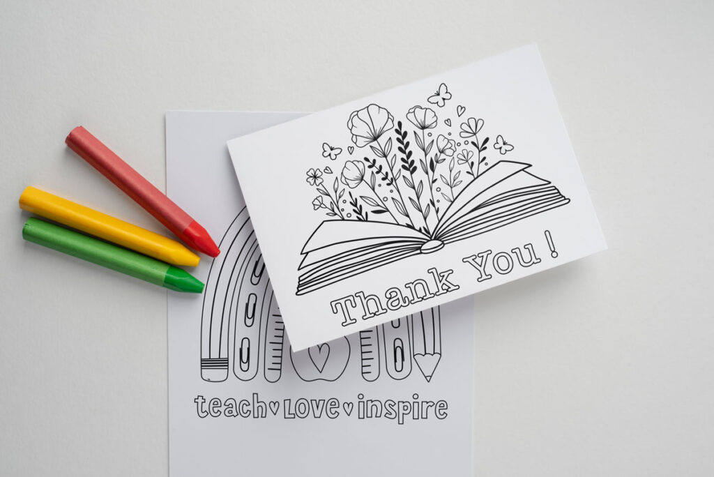 This image shows 2 of the free printable teacher appreciation cards you can color that you can download at the end of this post.