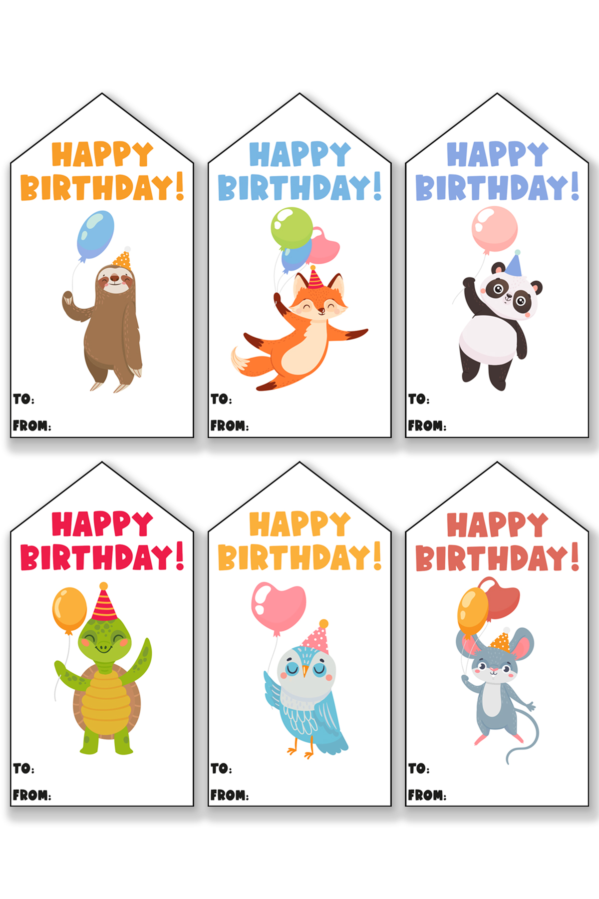 This image is showing one of the free printable birthday tags set - each tag has a different animal design (sloth, fox, panda, turtle, bird, and mouse).