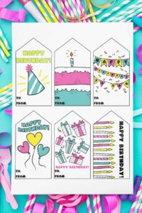 This image is showing one of the free printable birthday tags set - each tag has a different bright and bold generic birthday design.