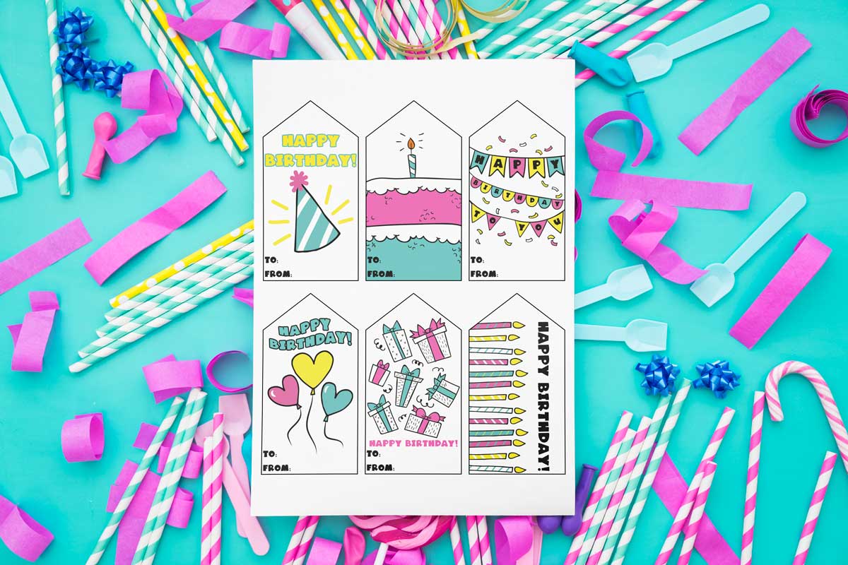 This image is showing one of the free printable birthday tags set - each tag has a different bright and bold generic birthday design.