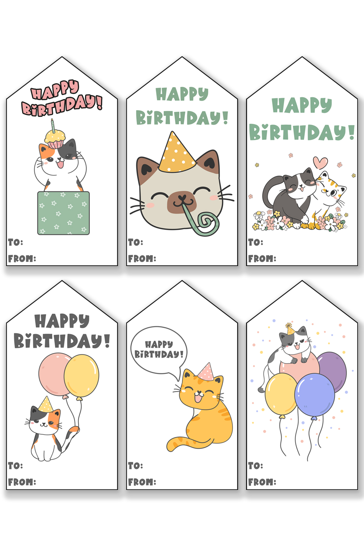 This image is showing one of the free printable birthday tags set - each tag has a different cat themed with birthday items like balloons.