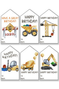 This image is showing one of the free printable birthday tags set - each tag has a different construction vehicle or item. This includes: construction "party time" sign, dump truck full of presents, crane lifting a gift, forklift lifting a gift, cement mixer with balloons, and excavator with a present in its bucket.