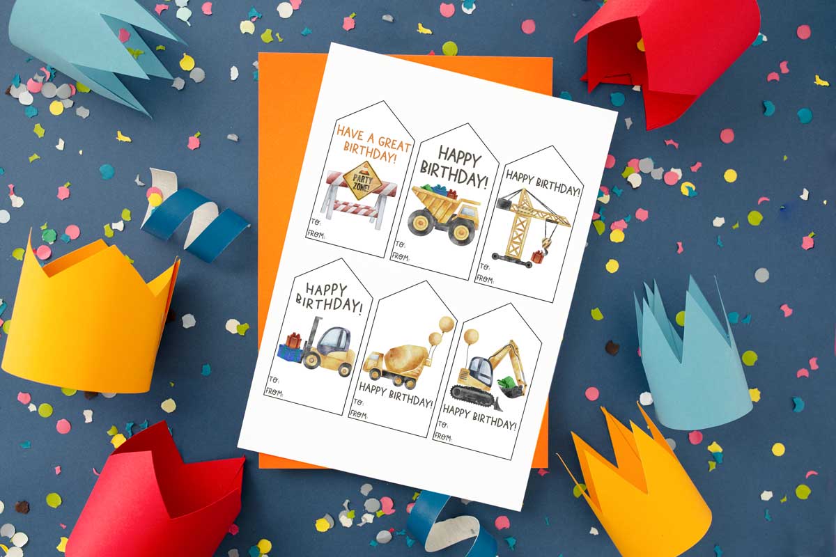 This image is showing one of the free printable birthday tags set - each tag has a different construction vehicle or item. This includes: construction "party time" sign, dump truck full of presents, crane lifting a gift, forklift lifting a gift, cement mixer with balloons, and excavator with a present in its bucket.