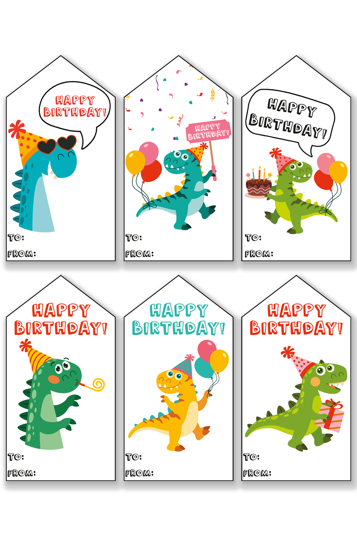 This image is showing one of the free printable birthday tags set - each tag has a different dinosaur and the words Happy Birthday.