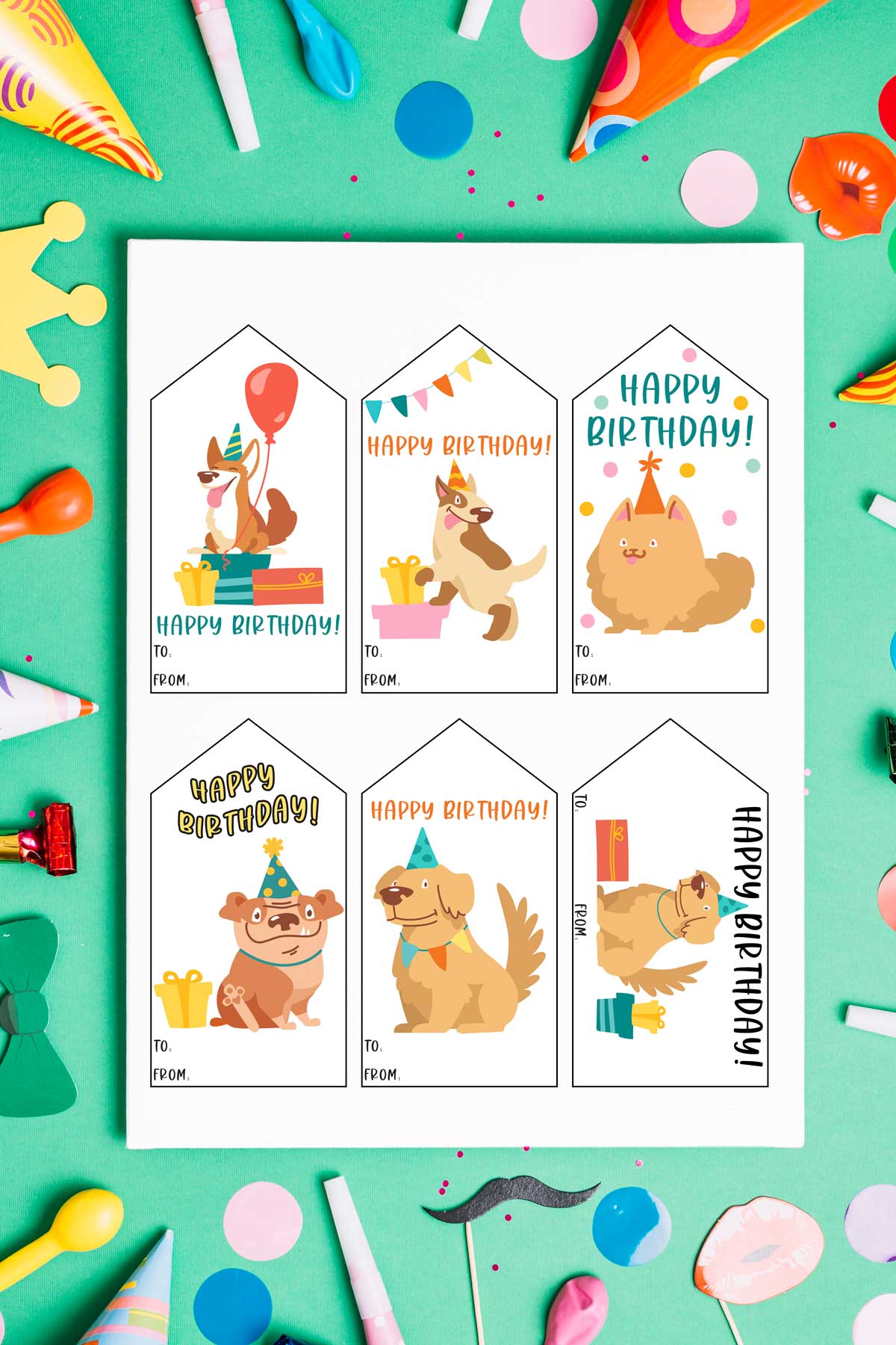 This image is showing one of the free printable birthday tags set - each tag has a different dog with some birthday items (gifts, balloons, etc).