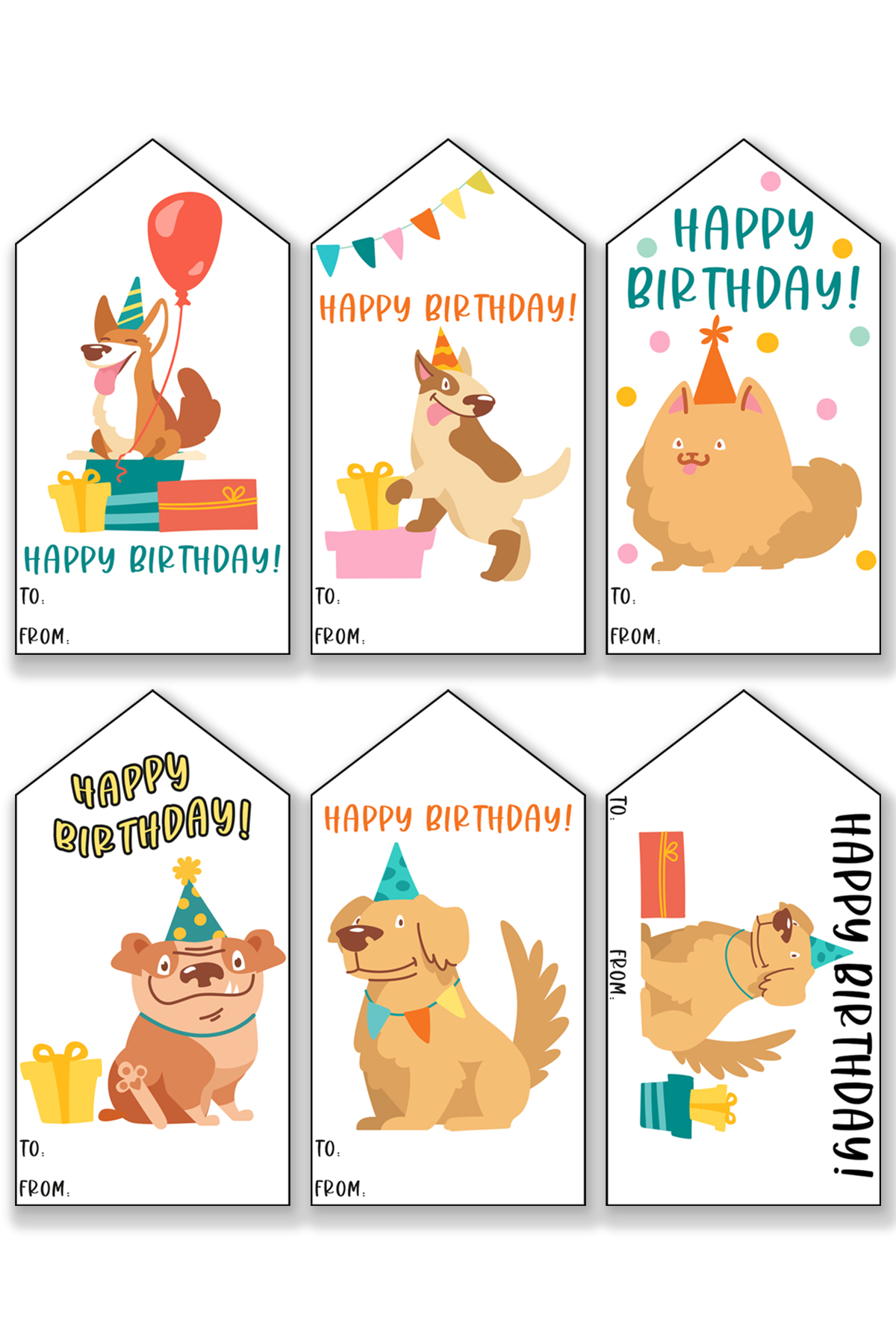 This image is showing one of the free printable birthday tags set - each tag has a different dog with some birthday items (gifts, balloons, etc).