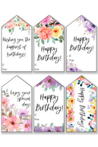 This image is showing one of the free printable birthday tags set - each tag has watercolor flowers in various shades of color.