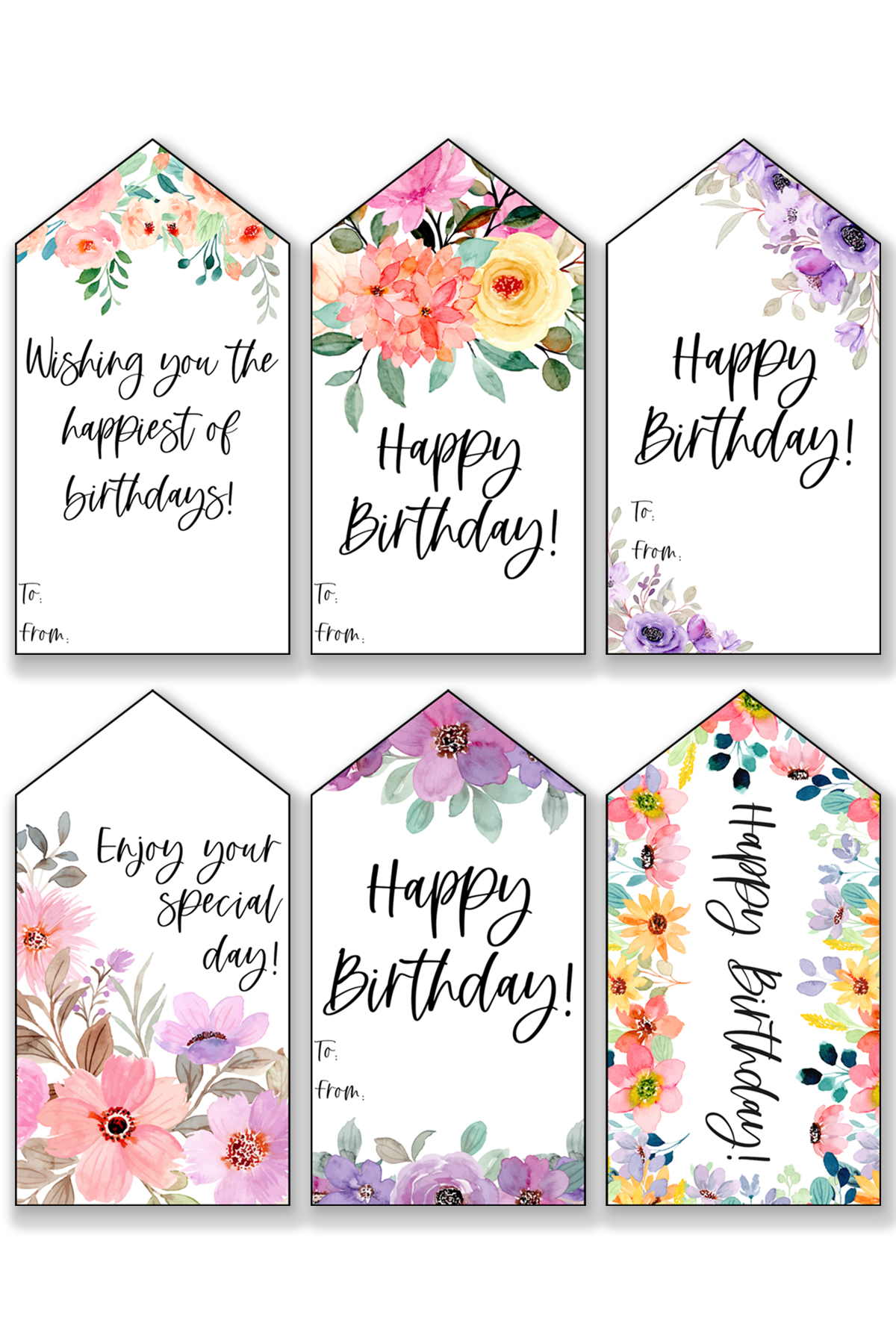 This image is showing one of the free printable birthday tags set - each tag has watercolor flowers in various shades of color.