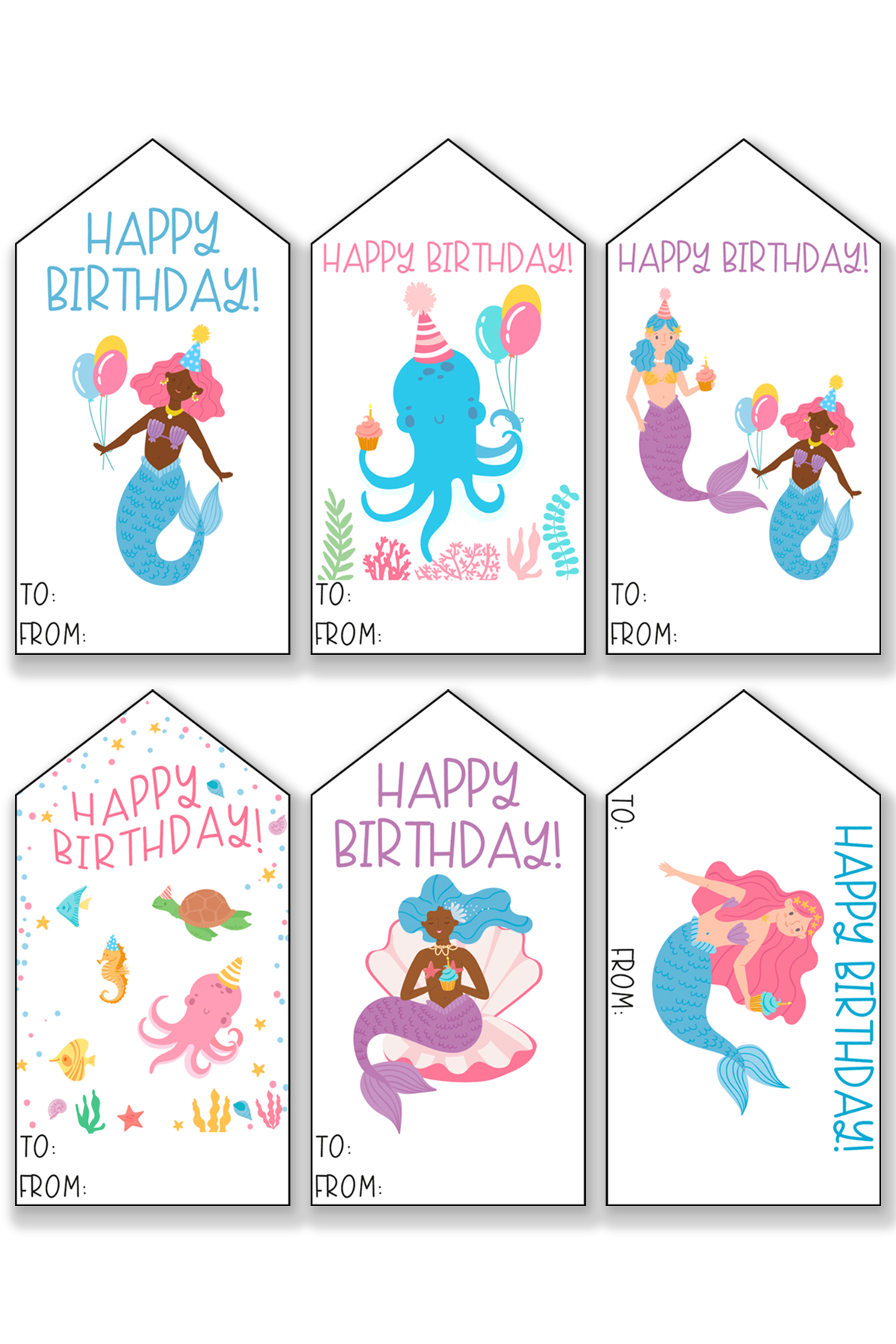 This image is showing one of the free printable birthday tags set - each tag has a different design using a mermaid and some birthday items.