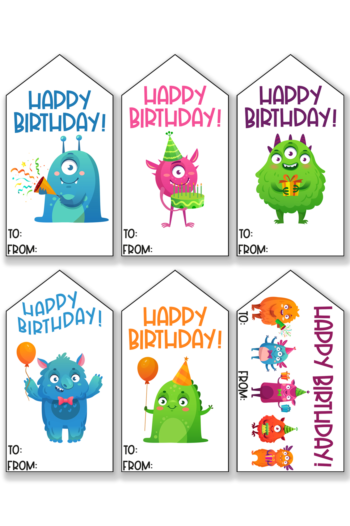 This image is showing one of the free printable birthday tags set - each tag has a different monster on its tag.