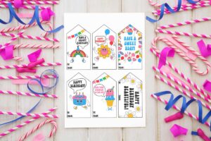This image is showing one of the free printable birthday tags set - each tag has a retro look.