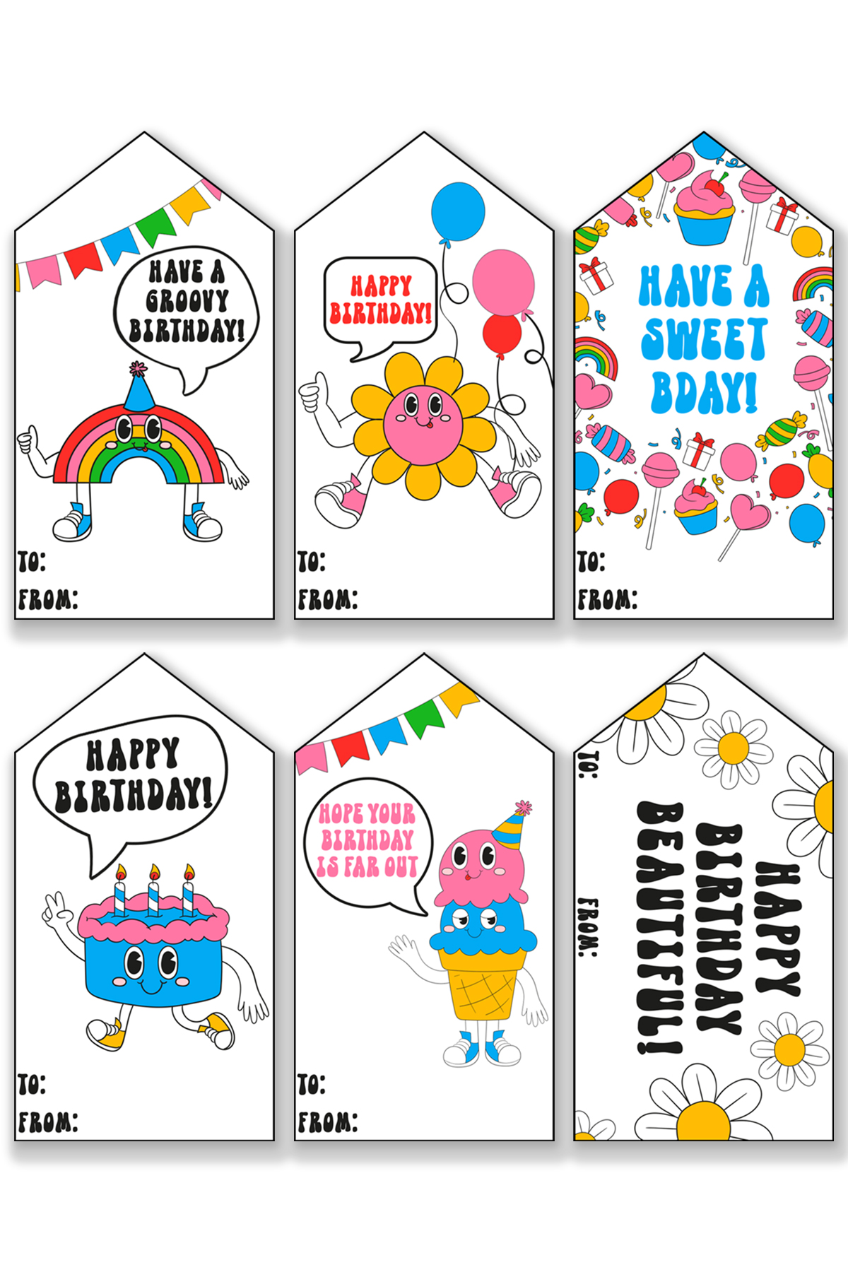 This image is showing one of the free printable birthday tags set - each tag has a retro look.