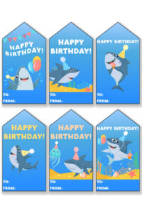 This image is showing one of the free printable birthday tags set - each tag has a shark with various birthday items.